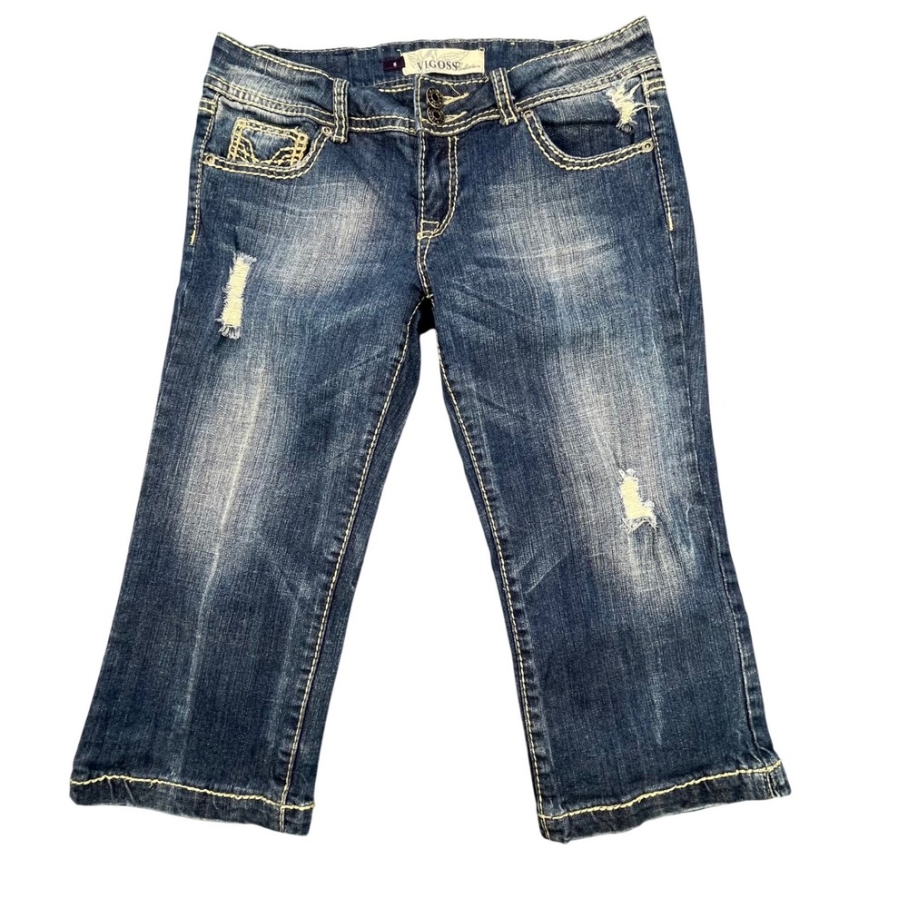 Vigoss Blue Distressed Contrast Stitch Capri Jeans Womens 5